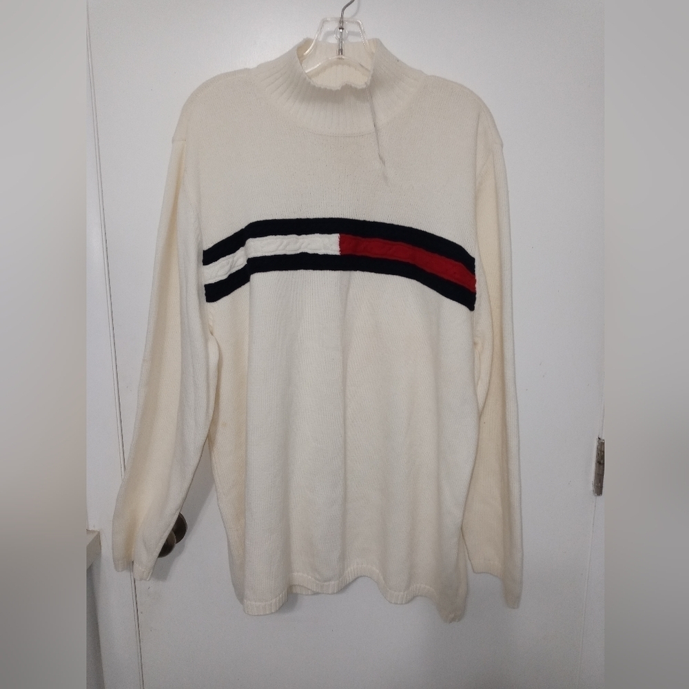 Vintage Tommy Hilfiger Long Sleeve Pullover Cowl neck Sweater Chunky knit logo